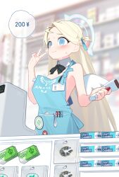 Rule 34 | 1girl, @ @, absurdres, apron, badge, barcode scanner, bare arms, bare shoulders, black bow, black bowtie, blonde hair, blue archive, blue eyes, blurry, blurry background, blush, bow, bowtie, breasts, button badge, cash register, closed mouth, condom, condom wrapper, convenience store, detached collar, halo, hand up, highres, id card, indoors, long hair, naked apron, nervous smile, one side up, pen, qianhui, shop, small breasts, smile, solo, sora (blue archive), speech bubble, standing, sweat, ticket, used condom, v, wings, yen sign