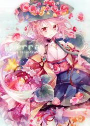 Rule 34 | 1girl, bare shoulders, blush, flower, hat, ibara riato, japanese clothes, leaf, open mouth, original, pink hair, red eyes, short hair, solo
