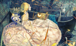 Rule 34 | 1girl, artoria pendragon (all), artoria pendragon (fate), bare shoulders, bird, blonde hair, blue eyes, bouquet, braid, breasts, bug, butterfly, candle, closed mouth, dan evan, dress, elbow gloves, english text, fate/stay night, fate (series), flower, gloves, grass, hair ribbon, highres, insect, long dress, looking away, official alternate costume, ribbon, saber (fate), saber (royal dress) (fate), ship, short hair, small breasts, solo, swan, watercraft, wedding dress, white dress, white gloves, white ribbon