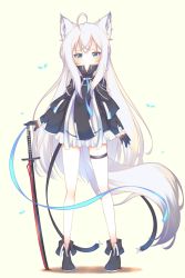 Rule 34 | 1girl, ahoge, animal ear fluff, animal ears, azur lane, beige background, black dress, black footwear, black gloves, blue eyes, blue necktie, blush, boots, commentary request, covered mouth, dress, fox ears, fox girl, fox tail, full body, gloves, hair between eyes, half gloves, hand on hilt, highres, kawakaze (azur lane), long hair, long legs, looking at viewer, necktie, pigeon-toed, planted, planted sword, planted weapon, sakurato ototo shizuku, short dress, silver hair, solo, standing, sword, tail, thigh strap, very long hair, weapon