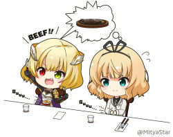 Rule 34 | 2girls, :d, arm up, armor, black gloves, black ribbon, black shirt, blazer, blonde hair, blue eyes, blush, breastplate, chair, charlotte (shironeko project), chibi, closed mouth, collared shirt, commentary request, crossover, cup, drinking glass, fang, flying sweatdrops, food, fork, gloves, gochuumon wa usagi desu ka?, green eyes, hair ribbon, hands on own stomach, heterochromia, holding, holding fork, holding knife, hungry, jacket, kirima syaro, knife, mitya, multiple girls, necktie, on chair, open mouth, outstretched arm, pauldrons, plaid neckwear, red eyes, ribbon, school uniform, shironeko project, shirt, shoulder armor, sitting, smile, spoken food, steak, stomach growling, tedeza rize&#039;s school uniform, twitter username, v-shaped eyebrows, white background, white jacket