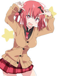 Rule 34 | 1girl, bat hair ornament, black shirt, breasts, brown cardigan, cardigan, gabriel dropout, hair ornament, hands up, ixy, large breasts, long sleeves, looking at viewer, necktie, open mouth, plaid, plaid skirt, red eyes, red hair, red necktie, red skirt, satanichia kurumizawa mcdowell, shirt, short hair, simple background, skirt, solo, star (symbol), white background