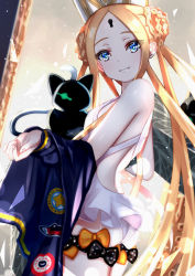 Rule 34 | 1girl, abigail williams (fate), abigail williams (swimsuit foreigner) (fate), abigail williams (swimsuit foreigner) (second ascension) (fate), absurdres, artist request, ass, bad id, bad pixiv id, bare shoulders, black bow, black cat, black jacket, blonde hair, blue eyes, bow, braid, braided bun, breasts, cat, double bun, dress swimsuit, fate/grand order, fate (series), forehead, grin, hair bun, hat, highres, jacket, keyhole, long hair, looking at viewer, mitre, multiple bows, one-piece swimsuit, open clothes, open jacket, orange bow, parted bangs, sidelocks, small breasts, smile, swimsuit, twintails, very long hair, white headwear, white one-piece swimsuit