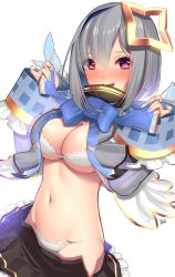 Rule 34 | 1girl, absurdres, alternate breast size, amane kanata, angel, angel wings, blush, bra, breasts, cleavage, cowboy shot, embarrassed, grey hair, hair between eyes, halo, hands up, highres, hololive, huusri, lace, lace-trimmed bra, lace-trimmed panties, lace trim, large breasts, long sleeves, looking at viewer, medium hair, miniskirt, multicolored hair, navel, open clothes, open mouth, open shirt, panties, pleated skirt, purple eyes, simple background, skirt, smile, streaked hair, underboob, undersized breast cup, underwear, undressing, virtual youtuber, wavy mouth, white panties, wings
