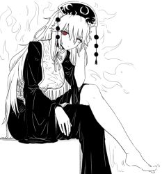 Rule 34 | 1girl, aura, barefoot, black dress, breasts, chinese clothes, closed mouth, crescent, crossed legs, dress, energy, feet, female focus, formicid, greyscale, hand on own head, hat, highres, junko (touhou), large breasts, long hair, long sleeves, monochrome, phoenix crown, pom pom (clothes), red eyes, simple background, sitting, solo, tabard, toes, touhou, white background, wide sleeves