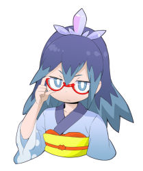 Rule 34 | 10s, 1girl, blue eyes, blue hair, frown, fubukihime, glasses, high ponytail, japanese clothes, kimono, long hair, looking at viewer, matching hair/eyes, multicolored hair, ookamiuo, purple hair, red-framed eyewear, semi-rimless eyewear, simple background, solo, two-tone hair, under-rim eyewear, upper body, white background, traditional youkai, youkai watch