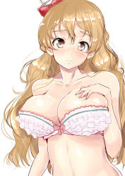 Rule 34 | 10s, 1girl, :&lt;, absurdres, areola slip, arm at side, bare shoulders, blonde hair, blush, bow, bra, breasts, brown eyes, cleavage, closed mouth, collarbone, eyebrows, frilled bra, frills, frown, hair between eyes, hand on breast, hand on own chest, hat, hat bow, head tilt, highres, kantai collection, large breasts, long hair, looking at viewer, midriff, mini hat, nipple slip, nipples, red bow, sankakusui, shiny skin, solo, stomach, strapless, strapless bra, tareme, thick eyebrows, underwear, very long hair, white bra, zara (kancolle)