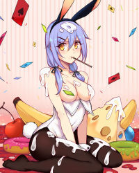 Rule 34 | 1girl, animal ears, asa (teng zi), bad id, bad pixiv id, banana, black box, blue hair, breasts, breasts out, card, character request, cheese, cherry, cleavage, convenient censoring, copyright request, doughnut, fake animal ears, food, fruit, full body, hair over shoulder, highres, leotard, long hair, looking at viewer, medium breasts, mouth hold, original, pantyhose, playboy bunny, pocky, rabbit, rabbit ears, sitting, solo, suggestive fluid, wariza
