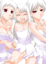 Rule 34 | 00s, 3girls, albino, barefoot, breasts, cleavage, closed eyes, fate/stay night, fate (series), flat chest, happy, hug, illyasviel von einzbern, large breasts, leysritt (fate), long hair, multiple girls, naked towel, sella (fate), shinama, toes, towel