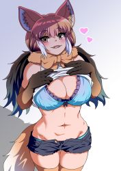 Rule 34 | 1girl, animal ear fluff, animal ears, bare shoulders, black hair, blush, bow, bow panties, bowtie, bra, breasts, brown eyes, brown hair, buttons, cleavage, clothes lift, cutoffs, elbow gloves, fangs, flashing, fur collar, gloves, groin, hands on own chest, hands up, heart, highres, kemono friends, large breasts, lifting own clothes, long hair, looking at viewer, lowleg, lowleg panties, mamiyama, maned wolf (kemono friends), multicolored hair, navel, open clothes, open fly, open shorts, panties, shirt, shirt lift, short shorts, shorts, skindentation, sleeveless, sleeveless shirt, smile, solo, stomach, tail, thigh gap, thighhighs, toned, twintails, unbuttoned, underwear, white hair, wolf ears, wolf girl, wolf tail