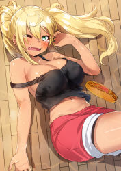 Rule 34 | 1girl, bare arms, bare shoulders, black shirt, blonde hair, blush, breasts, cleavage, commentary request, dark-skinned female, dark skin, dumbbell nan kilo moteru?, fang, green eyes, hand up, highres, large breasts, long hair, looking at viewer, lying, midriff, navel, no bra, on back, one eye closed, open mouth, red shorts, sakura hibiki, shirt, short shorts, shorts, sidelocks, sleeveless, sleeveless shirt, solo, stomach, strap slip, sweat, tank top, tears, twintails, wooden floor, yakisoba, yakisobapan, yamacchi