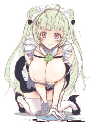 Rule 34 | 1girl, all fours, antenna hair, apron, arm cuffs, ascot, black skirt, blush, breasts, button gap, cleavage, detached collar, double bun, frilled apron, frills, goddess of victory: nikke, green ascot, green hair, hair bun, hair ornament, hair ribbon, hairclip, heart antenna hair, large breasts, long hair, maid, maid apron, maid headdress, mole, mole on breast, nervous smile, oku hideki, pink eyes, ribbon, skirt, sleeveless, smile, soda (nikke), solo, spill, sweatdrop, thighhighs, white apron, white glovespleated skirt, white thighhighs