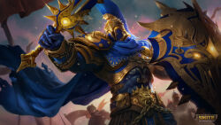 Rule 34 | 3boys, absurdres, ares (mythology), ares (smite), ares (smite) (mastery), armor, blue cape, blue gloves, cape, copyright name, gloves, glowing, glowing eyes, gold armor, greek armor, greek helmet, greek mythology, highres, holding, holding shield, holding sword, holding weapon, logo, multiple boys, official alternate costume, official art, shield, smite, solo focus, sword, weapon, yellow eyes