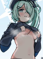 Rule 34 | 1girl, aqua hair, black hat, black shirt, blue archive, blush, breasts, clothes lift, green eyes, hair over one eye, halo, hat, highres, hiyori (blue archive), lifting own clothes, looking at viewer, medium breasts, navel, shirt, shirt lift, shoeguy, side ponytail, sign, sleeves past fingers, sleeves past wrists, solo, steaming body, sweat, tearing up, tears, trembling, underboob, upper body