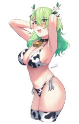 Rule 34 | 1girl, :d, animal print, antlers, arms behind head, arms up, bell, bikini, black collar, branch, breasts, ceres fauna, collar, cow print, cow print bikini, cowbell, cropped legs, dasdokter, from side, green hair, highres, hololive, hololive english, horns, large breasts, leaf, long hair, looking up, mole, mole under mouth, navel, neck bell, open mouth, print bikini, side-tie bikini bottom, signature, simple background, smile, solo, stomach, swimsuit, thighhighs, virtual youtuber, wavy hair, white background, yellow eyes