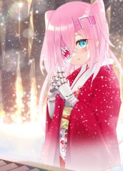 Rule 34 | 1girl, android, blue eyes, blush, closed mouth, commentary request, hair between eyes, highres, hot kakigoori, japanese clothes, kimono, long hair, long sleeves, looking at viewer, obi, open clothes, original, pink hair, sash, solo, steepled fingers, two side up, very long hair, white kimono, wide sleeves