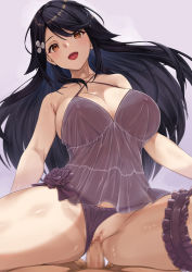 Rule 34 | 1boy, 1girl, :d, amasora taichi, azur lane, babydoll, bare arms, black hair, breasts, censored, choukai (azur lane), cleavage, clothed female nude male, clothed sex, clothing aside, commentary request, covered erect nipples, cowgirl position, criss-cross halter, erection, girl on top, hair ornament, halterneck, hetero, large breasts, long hair, looking at viewer, mosaic censoring, no pants, nude, open mouth, orange eyes, panties, panties aside, penis, pussy, see-through, sex, shiny skin, smile, solo focus, spread legs, straddling, thigh strap, underwear, vaginal