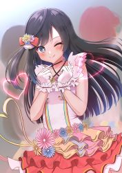 Rule 34 | 1girl, absurdres, black hair, blush, check commentary, collarbone, commentary request, flower, grey eyes, hair flower, hair ornament, hair ribbon, heart, highres, long hair, looking at viewer, love live!, love live! nijigasaki high school idol club, one eye closed, one side up, panaham, ribbon, smile, solo, upper body, yuki setsuna (love live!)