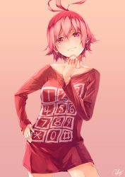 Rule 34 | 1girl, clothes writing, collarbone, grey background, hand on own chin, hand on own hip, highres, long sleeves, looking at viewer, my phone, naked shirt, original, pink eyes, pink hair, re lucy, revision, shirt, short hair, signature, simple background, smirk, solo