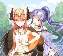 Rule 34 | 2girls, annoyed, aunt and niece, bracelet, breasts, circe (fate), dress, fate/grand order, fate (series), feather hair ornament, feathered wings, feathers, hair ornament, jewelry, long hair, medea (lily) (fate), multiple girls, necklace, nyakelap, open mouth, pink eyes, pink hair, pointy ears, ponytail, purple hair, small breasts, smile, tree, very long hair, wings