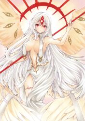 Rule 34 | 1girl, angel wings, armpits, azur lane, backlighting, bare arms, breasts, commentary, covered erect nipples, crop top, crop top overhang, dark-skinned female, dark skin, feathered wings, halo, highres, holding, holding polearm, holding weapon, large breasts, long hair, looking at viewer, marker (medium), multiple wings, navel, polearm, red eyes, red halo, robe, sao martinho (azur lane), side slit, solo, spear, stomach, traditional media, very long hair, weapon, white hair, white robe, wings, yuuki hana (jtnp5334)