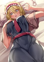 Rule 34 | 1girl, :o, alice margatroid, ascot, bed, blonde hair, blue dress, blue eyes, breasts, capelet, dress, fingernails, hairband, highres, large breasts, light blush, lolita hairband, lying, mahoro (minase mahoro), open mouth, pillow, puffy short sleeves, puffy sleeves, red ascot, red hairband, short hair, short sleeves, simple background, solo, touhou, white background