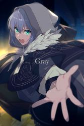 Rule 34 | 1girl, aqua eyes, breasts, character name, cloak, echo (circa), fate (series), gray (fate), grey background, hood, hooded, hooded cloak, long hair, long sleeves, looking at viewer, lord el-melloi ii case files, medium breasts, open mouth, outstretched arm, solo
