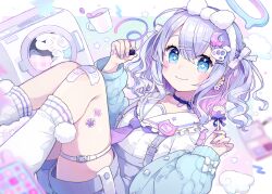 Rule 34 | + +, 1girl, blue choker, blue eyes, blue jacket, blue nails, choker, chon (chon33v), closed mouth, commentary request, cup, feet out of frame, frilled sailor collar, frills, hair between eyes, hair ornament, hairclip, halo, hands up, highres, holding, jacket, knees up, long sleeves, looking at viewer, multicolored hair, multicolored nails, nail polish, necktie, off shoulder, open clothes, open jacket, original, pink hair, pink nails, puffy long sleeves, puffy sleeves, purple hair, purple nails, purple necktie, purple shorts, sailor collar, shirt, short shorts, shorts, skindentation, sleeves past wrists, smile, socks, solo, star (symbol), stuffed animal, stuffed rabbit, stuffed toy, suspender shorts, suspenders, two-tone hair, washing machine, white sailor collar, white shirt, white socks