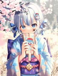 Rule 34 | 1girl, absurdres, bloop (gawr gura), blue eyes, blue kimono, blue nails, blue ribbon, character hair ornament, commentary, covering own mouth, english commentary, floral print, flower, gawr gura, hair ornament, hair ribbon, highres, holding, hololive, hololive english, japanese clothes, kimono, kuri (animejpholic), long sleeves, looking at viewer, nail polish, obi, pink flower, print kimono, ribbon, sash, shark hair ornament, short hair, simple background, solo, upper body, virtual youtuber