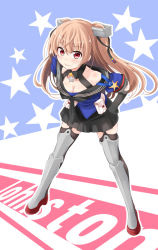 Rule 34 | 1girl, black gloves, black skirt, black thighhighs, blue shirt, blush, breasts, brown eyes, cleavage, closed mouth, garter straps, gloves, hair ornament, ichimi, johnston (kancolle), kantai collection, light brown hair, long hair, looking at viewer, medium breasts, off shoulder, pleated skirt, red eyes, sailor collar, school uniform, serafuku, shirt, single glove, skirt, smile, solo, thighhighs, twintails, two side up, united states medal of honor