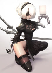 Rule 34 | 1girl, affiliation, black dress, blindfold, breasts, chiko ka gaku, cleavage, dress, full body, highres, kneeling, looking at viewer, medium breasts, mole, mole under mouth, nier:automata, nier (series), on one knee, pod (nier:automata), short hair, solo, sword, thighhighs, thighs, weapon, white background, white hair, 2b (nier:automata)