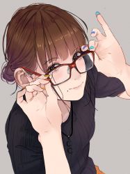 Rule 34 | 1girl, adjusting eyewear, black shirt, blush, brown hair, closed mouth, glasses, grey background, hair bun, hands up, highres, jewelry, long hair, long sleeves, looking at viewer, mole, mole under mouth, multicolored nails, nail polish, necklace, original, purple eyes, red-framed eyewear, saitou (lynx-shrike), shirt, simple background, single hair bun, smile, solo