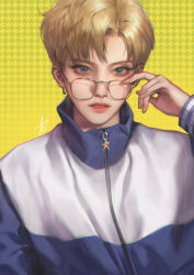 Rule 34 | 1girl, absurdres, androgynous, bishoujo senshi sailor moon, blonde hair, blue eyes, earrings, glasses, highres, jacket, jewelry, ryeowon kwon, short hair, signature, solo, ten&#039;ou haruka, upper body, yellow background