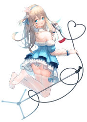 Rule 34 | 1girl, absurdres, ass, blue dress, blue eyes, blush, brown hair, dress, facial tattoo, feet, from behind, fur-trimmed collar, fur-trimmed dress, fur trim, girls&#039; frontline, hair between eyes, heart, heart tattoo, highres, holding, holding microphone, legs, legs up, long hair, long sleeves, looking back, making-of available, microphone, no shoes, okawa2000, open mouth, see-through, see-through sleeves, simple background, soles, solo, suomi (girls&#039; frontline), tattoo, thighhighs, toes, white background, white thighhighs