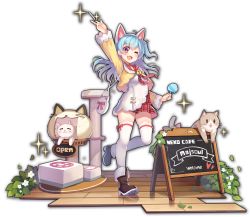 Rule 34 | animal ears, artist request, bag, bell, blue hair, boots, bow, cafe, cat, cat cafe, cat ears, cat tower, chalkboard sign, copyright name, english text, fang, flower, food, game cg, handbag, heart, highres, holding, holding food, igarashi haruna, leaf, mahjong, mahjong soul, official art, one eye closed, pink bow, plant, popsicle, red eyes, sign, simple background, skin fang, solo, sparkle, standing, standing on one leg, tenbou, thighhighs, third-party source, transparent background, white flower, yostar