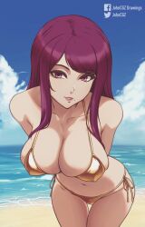 Rule 34 | 1girl, bare shoulders, bikini, breasts, cleavage, collarbone, commentary, english commentary, fire emblem, fire emblem engage, gold bikini, highres, ivy (fire emblem), johncgz, large breasts, leaning forward, long hair, looking at viewer, mole, mole under mouth, navel, nintendo, purple eyes, purple hair, shiny swimsuit, smile, solo, swimsuit
