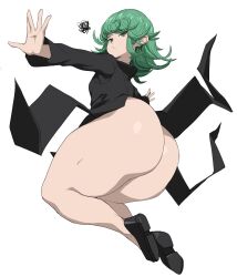 Rule 34 | 1girl, ass, black dress, curly hair, dress, floating, green eyes, green hair, highres, huge ass, long sleeves, looking at viewer, looking back, no panties, one-punch man, short hair, sinensian, solo, squiggle, tatsumaki, thick thighs, thighs, white background, wide hips
