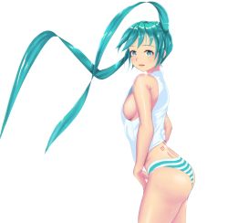 Rule 34 | 00s, 1girl, aqua eyes, aqua hair, ass, bare shoulders, breasts, hatsune miku, highres, huge ass, koba (furikake-p), large breasts, light smile, long hair, looking at viewer, matching hair/eyes, no bra, no pants, panties, parted lips, sideboob, simple background, solo, standing, striped clothes, striped panties, tank top, tattoo, twintails, underwear, vocaloid, white background, wind, wind lift