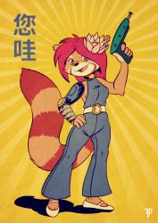 Rule 34 | 1girl, absurdres, animal ears, animal nose, arm up, artist name, bare shoulders, belt, blue jumpsuit, body fur, borrowed character, breasts, chromatic aberration, energy gun, female focus, finger on trigger, flower, fox-pop vli, full body, furry, furry female, gun, hair flower, hair ornament, hand on own hip, handgun, happy, highres, holding, holding gun, holding weapon, japanese text, jewelry, jumpsuit, legs apart, looking at viewer, lotus, mechanical arms, multicolored fur, neck ring, open mouth, orange fur, original, panda ears, panda girl, panda tail, pink eyes, pink flower, ray gun, red fur, retro artstyle, shoes, single mechanical arm, sleeveless jumpsuit, small breasts, smile, solo, standing, striped tail, sunburst, sunburst background, tail, translation request, watermark, weapon, white footwear, white fur, yellow background