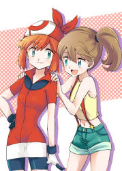 Rule 34 | 2girls, alternate hairstyle, aqua eyes, bad id, bad pixiv id, bandana, bare shoulders, bike shorts, breasts, brown hair, cosplay, costume switch, cowboy shot, creatures (company), crop top, denim, denim shorts, game freak, gloves, hairstyle switch, hand on another&#039;s shoulder, hand on own hip, looking at another, may (pokemon), midriff, misty (pokemon), multiple girls, navel, nintendo, open mouth, orange hair, pokemon, pokemon (anime), pokemon (classic anime), pokemon rse (anime), ponytail, red shirt, shirt, short hair, short ponytail, short shorts, short sleeves, shorts, shoulder massage, side ponytail, skirt, sleeveless, sleeveless shirt, small breasts, smile, spandex, suspenders, tank top, white skirt, wide ponytail, yamakei3811, yellow shirt