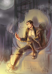 Rule 34 | 1boy, absurdres, artist request, bag, batman (series), boots, cigarette, dc comics, dog tags, highres, jacket, jason todd, jewelry, male focus, multicolored hair, necklace, sitting, smoking, solo, two-tone hair