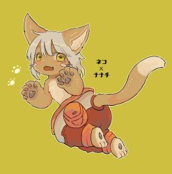 Rule 34 | 1other, androgynous, animal ears, bad id, bad twitter id, blush, brown background, cat ears, cat tail, embarrassed, fang, full body, furry, kawasemi27, looking at viewer, made in abyss, nanachi (made in abyss), open mouth, paw print, short hair, simple background, tail, whiskers, white hair, yellow eyes