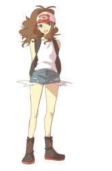 Rule 34 | 1girl, baseball cap, blue eyes, breasts, brown hair, canari, commentary request, creatures (company), denim, denim shorts, game freak, hat, highres, hilda (pokemon), jacket, long hair, looking at viewer, nintendo, poke ball symbol, pokemon, pokemon bw, ponytail, shorts, small breasts, smile, solo