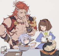Rule 34 | !, 1boy, 2girls, :t, ahoge, animal ears, blush, bowl, brown hair, closed eyes, cooking, cutting board, fire, fire, frying pan, granblue fantasy, grey background, hairband, hand on own hip, hand on own chin, highres, holeun, jar, long hair, multiple girls, open mouth, red hair, short hair, smile, stove, stroking own chin, vambraces, wamdus (granblue fantasy), wilnas (granblue fantasy), yaia (granblue fantasy)
