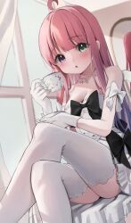 Rule 34 | absurdres, ahoge, armband, bare shoulders, black bow, blush, bow, crescent, crescent cutout, crescent necklace, crossed legs, cup, dress, gloves, gradient hair, green eyes, heterochromia, highres, himemori luna, himemori luna (4th costume), holding, holding cup, holding saucer, hololive, jewelry, long hair, mirror, multicolored hair, necklace, official alternate costume, pink hair, purple eyes, saucer, scarlet (wv0102), sitting, star (symbol), star cutout, star necklace, straight hair, strapless, strapless dress, teacup, thighhighs, virtual youtuber, white armband, white dress, white gloves, white thighhighs, window