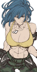 Rule 34 | 1girl, abs, arm pouch, biceps, black gloves, blue eyes, blue hair, breasts, camouflage, crop top, dog tags, earrings, gloves, jewelry, large breasts, leona heidern, midriff, muscular, muscular female, ponytail, simple background, soldier, solo, tank top, the king of fighters, the king of fighters xv, triangle earrings, white background, yasunososaku, yellow tank top