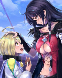 Rule 34 | 1boy, 1girl, :d, black hair, black neckwear, blonde hair, breasts, choker, claws, cloud, collar, comb, covered erect nipples, day, green eyes, hand on another&#039;s head, highres, laphicet (tales), large breasts, long hair, looking at another, md5 mismatch, navel, open mouth, outdoors, ship, shishin (shishintei), sky, smile, tales of (series), tales of berseria, underboob, velvet crowe, water, watercraft, yellow eyes
