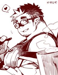 Rule 34 | 1boy, bandaid, bandaid on face, bandaid on nose, bara, bare shoulders, black bandaid, black tank top, facial hair, fang, fang out, from side, giving, glasses, goatee stubble, grimori (live a hero), heart, highres, kuro nezumi inu, large pectorals, live a hero, looking at viewer, male focus, mature male, multicolored hair, muscular, muscular male, notice lines, off shoulder, pectorals, pointy ears, pov, short hair, sideburns stubble, smile, solo focus, spoken heart, stubble, tank top, thick eyebrows, two-tone hair, upper body