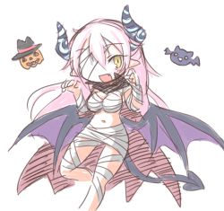 Rule 34 | 1girl, :d, bandage over one eye, bandaged arm, bandaged leg, bandages, cape, chibi, claw pose, demon girl, demon tail, demon wings, fang, frr (akf-hs), hair between eyes, halloween costume, horns, long hair, mummy costume, navel, open mouth, original, pink hair, pointy ears, simple background, sketch, smile, solo, tail, white background, wings, yellow eyes