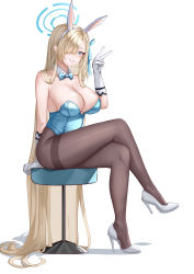 Rule 34 | 1girl, absurdly long hair, absurdres, asuna (blue archive), asuna (bunny) (blue archive), blonde hair, blue archive, blue bow, blue bowtie, blue eyes, blue leotard, blue ribbon, bow, bowtie, breasts, brown pantyhose, detached collar, full body, gloves, grin, hair ribbon, hairband, halo, high heels, highres, kaijiba, large breasts, leotard, long hair, looking at viewer, mole, mole on breast, pantyhose, playboy bunny, ribbon, sitting, smile, solo, stool, straight hair, thighband pantyhose, v, very long hair, white gloves, white hairband